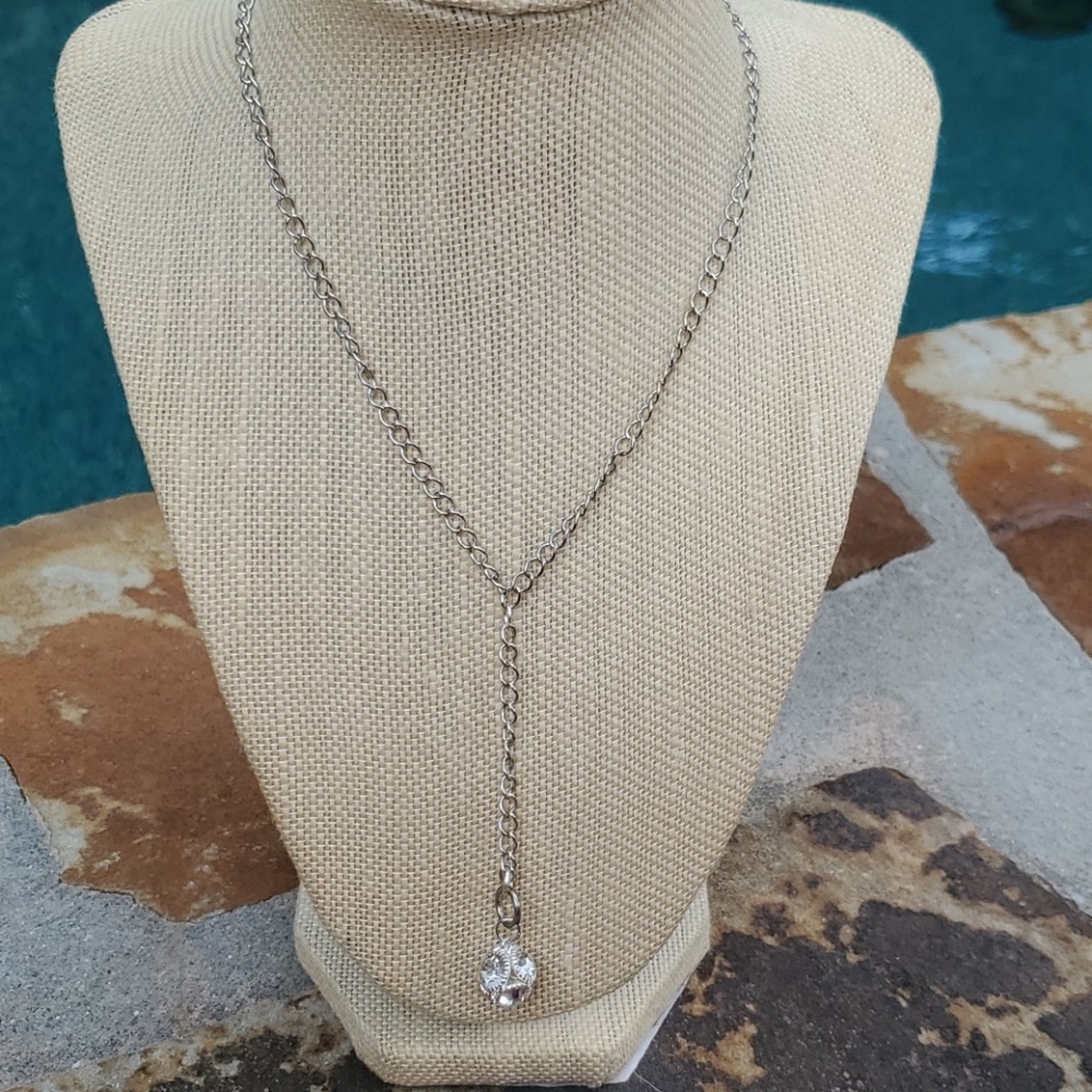 Silver plated necklace w Drop crystal ball charm .